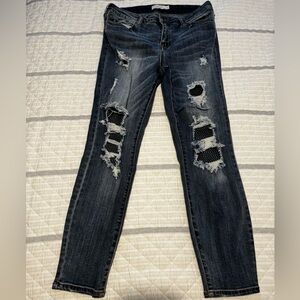 Cello Dark Blue Ripped Skinny Jeans with Fishnet Panels